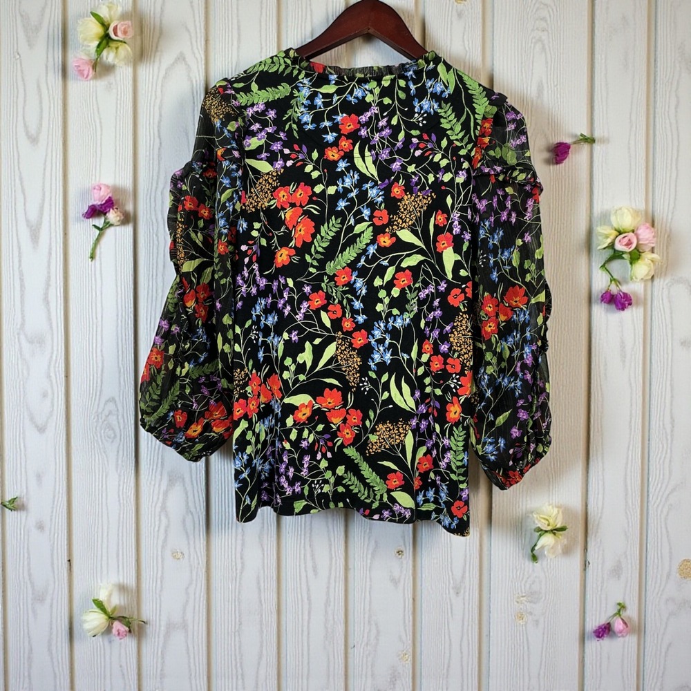 Maeve Anthropologie Black Floral Print Tie Neck Peasant Blouse Size Small - Picture 3 of 5